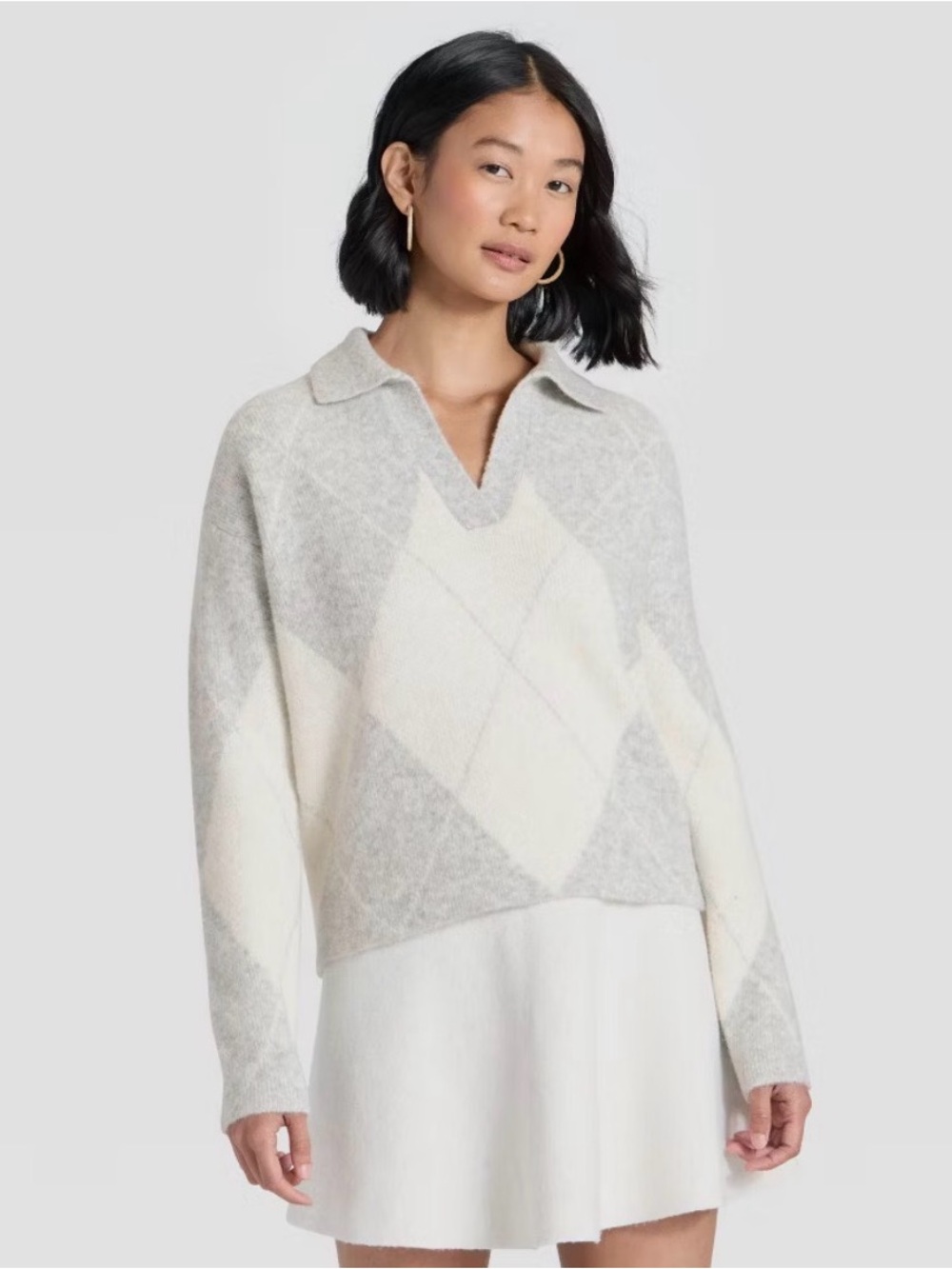 A New Day Women's Cozy Knit Polo Gray/Cream Argyle L NWT